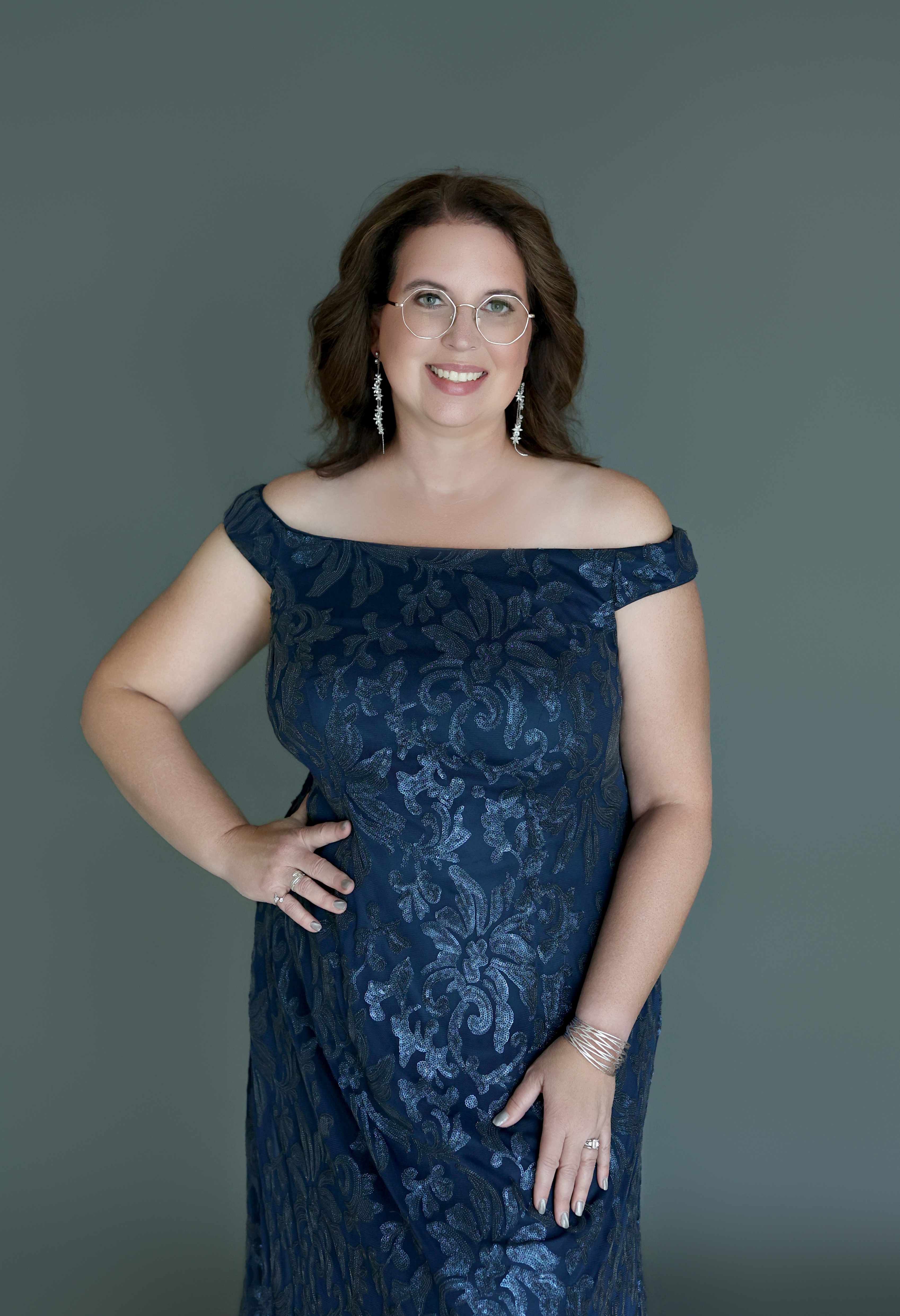 Karen Kay Smith in a navy formal gown